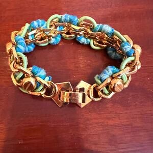 C Wonder Blue Green Gold Woven Chain Bracelet Chunky Jewelry Boho
